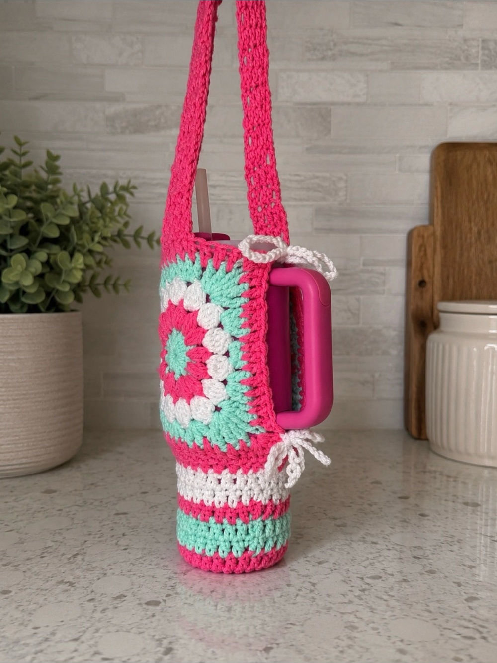Handmade Stanley Cup PINK Crochet Bag Water Carrier Purse 40oz size - Purse only